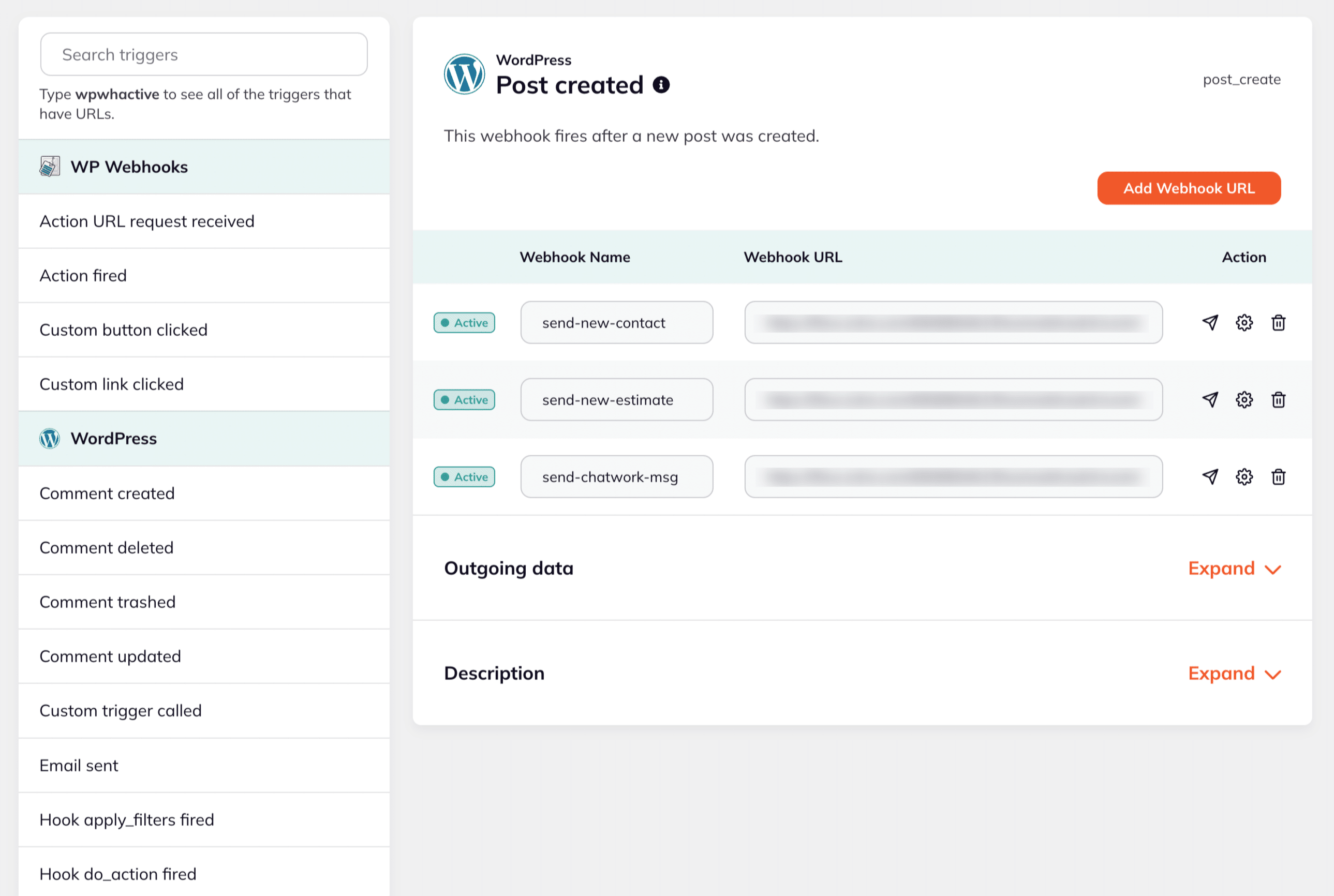 WP Webhooksの設定画面例